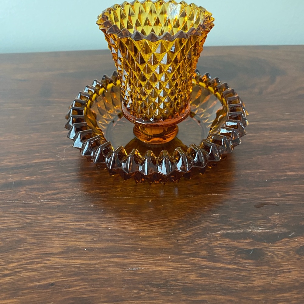 Indiana Glass • Diamond Point • Amber • Two-Piece Candle Holder - Picture 3 of 6